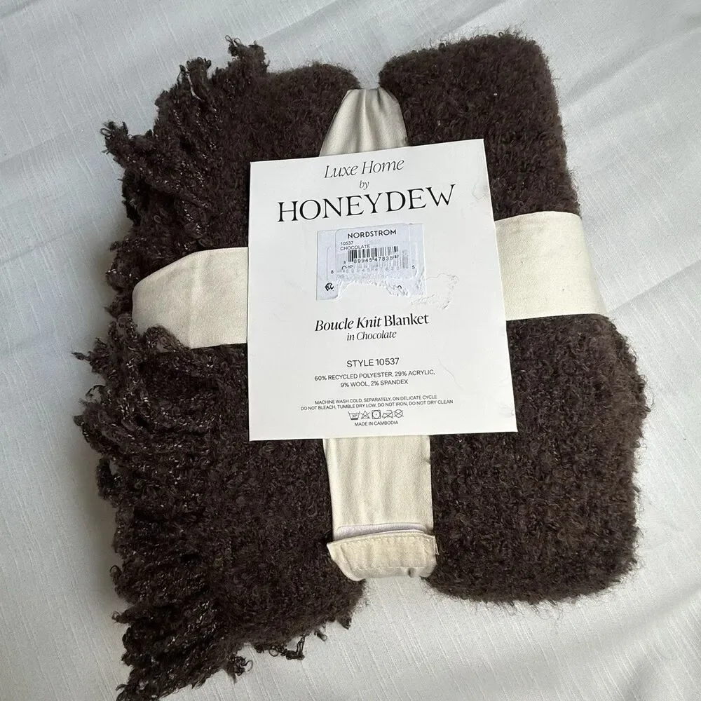 Luxe Home By Honeydew Boucle Knit Throw Fringe Blanket Chocolate 50”x60 New